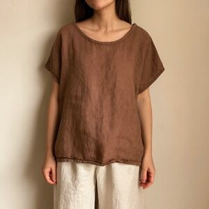 Knock‎ Knock Linen Boxy Top Womens One Size Tan Relaxed Fit Casual Minimalist